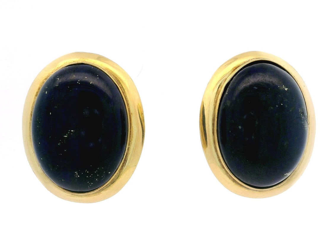 Vintage 18k Gold GIA Certified Lapis Lazuli Clip-On Earrings: Vintage 18k Gold GIA Certified Lapis Lazuli Clip-On Earrings Presenting a pair of exquisite vintage clip-on earrings featuring high-quality oval cabochon lapis lazuli stones, certified by GIA. These e