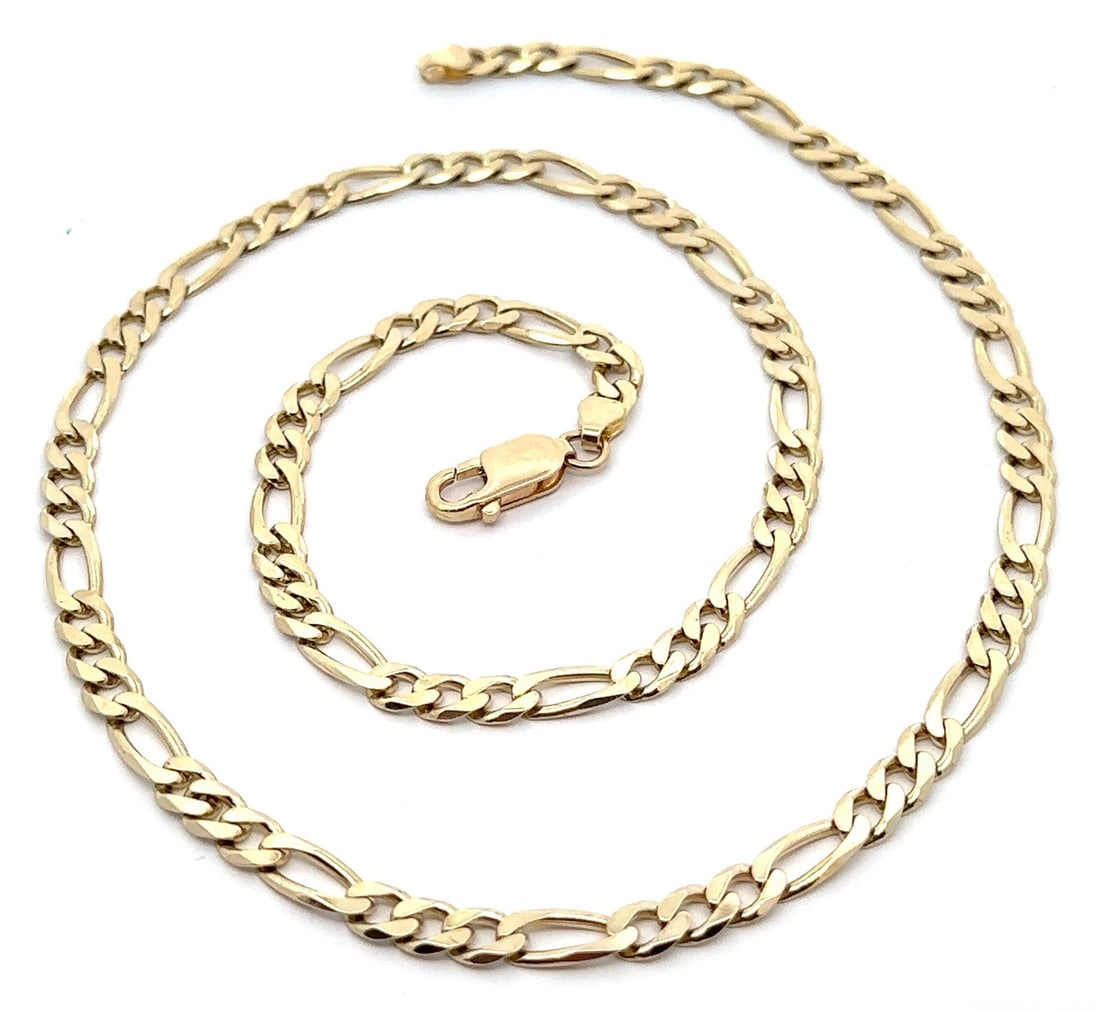 22.5 Inch Solid 14k Yellow Gold Figaro Chain Necklace Unisex: 22.5 Inch Solid 14k Yellow Gold Figaro Chain Necklace Unisex This unisex necklace features a solid 14k yellow gold Figaro link chain, measuring 22.5 inches in length. The chain is secured with a lobst