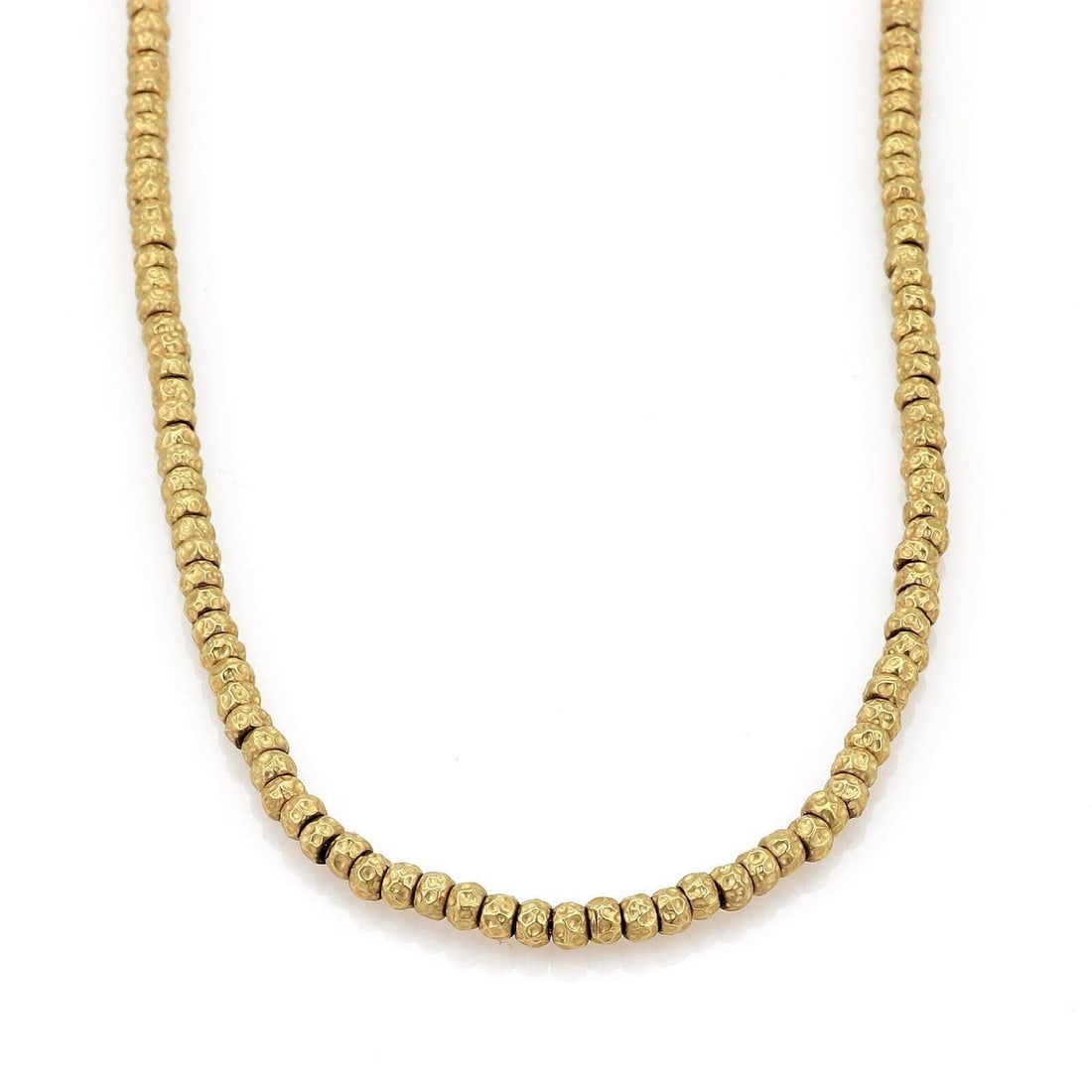 18k Yellow Gold Beaded Link Necklace by Nouvelle Bague: 18k Yellow Gold Beaded Link Necklace by Nouvelle Bague This Nouvelle Bague hammered beaded chain necklace is crafted from 18k yellow gold in a link style design. The necklace is signed and does not fe