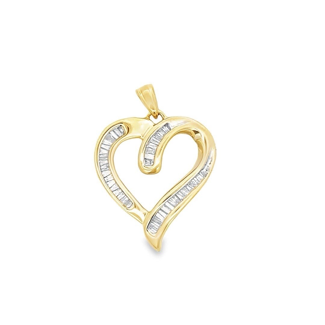 14k Yellow Gold 0.50ct Baguette Diamond Heart Charm Pendant: 14k Yellow Gold 0.50ct Baguette Diamond Heart Charm Pendant This stunning charm pendant features a beautifully crafted open heart shape, expertly outlined with 44 baguette cut diamonds. The diamonds a