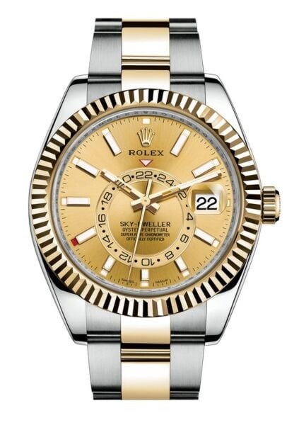 Rolex SkyDweller 326933 Oyster Bracelet Champagne Dial Watch 2020 Card: Rolex SkyDweller 326933 Oyster Bracelet Champagne Dial Watch 2020 Card This Rolex Sky-Dweller features a champagne dial, fluted bezel, and Oyster bracelet. The watch is designed for men and comes with