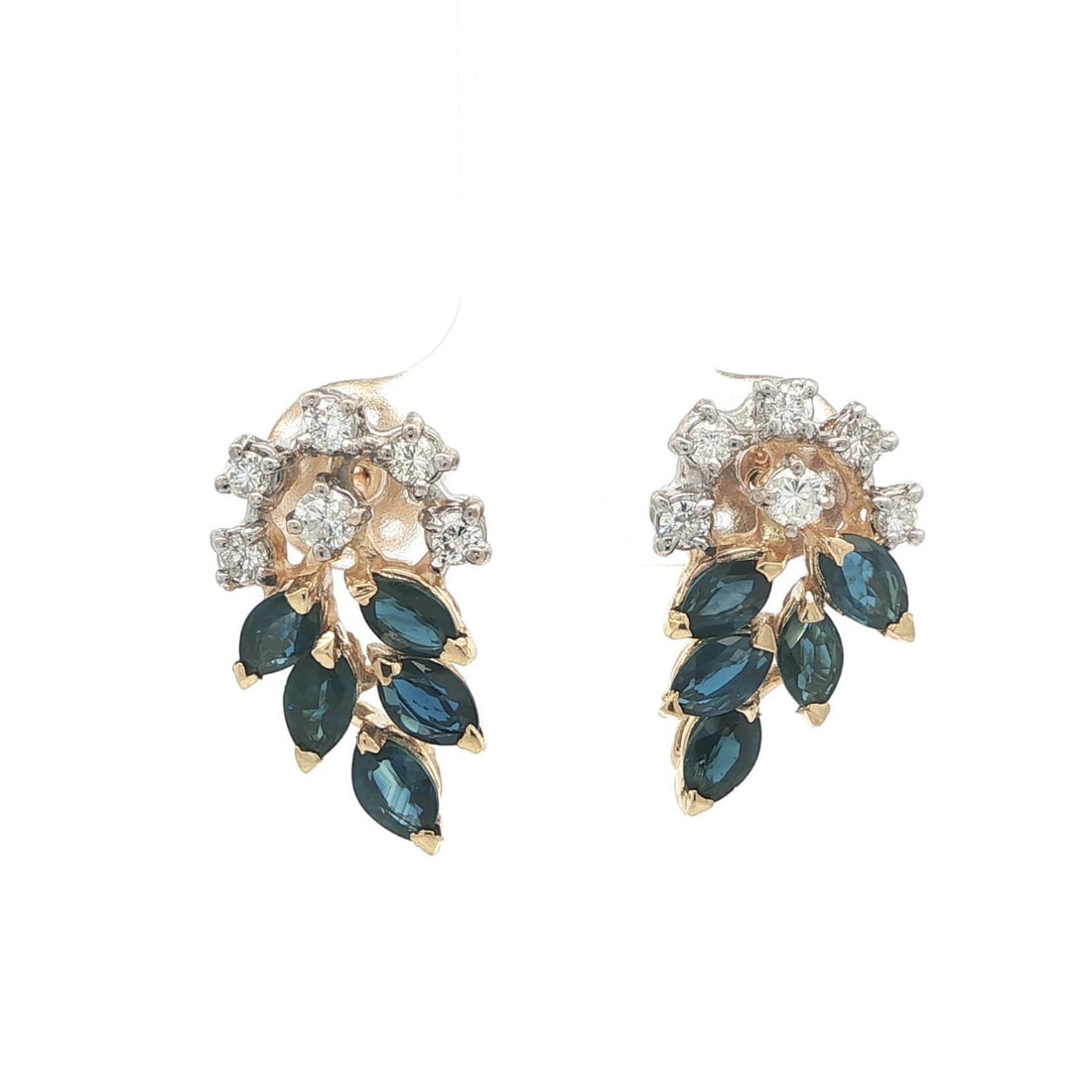 Dangle Earrings in 14k Gold with Blue Sapphires and Diamond Accents: Dangle Earrings in 14k Gold with Blue Sapphires and Diamond Accents These dangle drop earrings feature a grape bunch cluster design crafted in solid 14k yellow and white gold. Each earring is set with