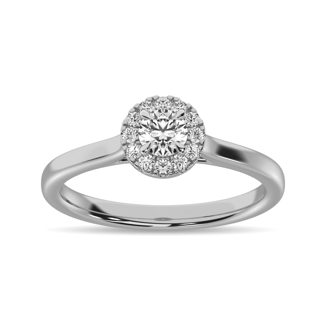 Diamond 3/8 Ct.Tw. Round Center Halo Engagement Ring in 10K White Gold: Diamond 3/8 Ct.Tw. Round Center Halo Engagement Ring in 10K White Gold 10k White Gold Stone Color: G-h Stone Clarity: I1 Each ring is presented in standard size 6.5. Complimentary resizing is availabl