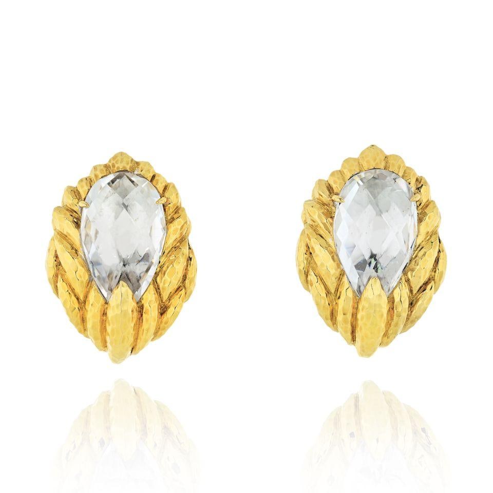 David Webb Platinum 18K Yellow Gold Hammered Quartz Clip-On Earrings: David Webb Platinum 18K Yellow Gold Hammered Quartz Clip-On Earrings Elevate your style with these stunning David Webb clip-on earrings, crafted from a combination of luxurious platinum and 18K yellow