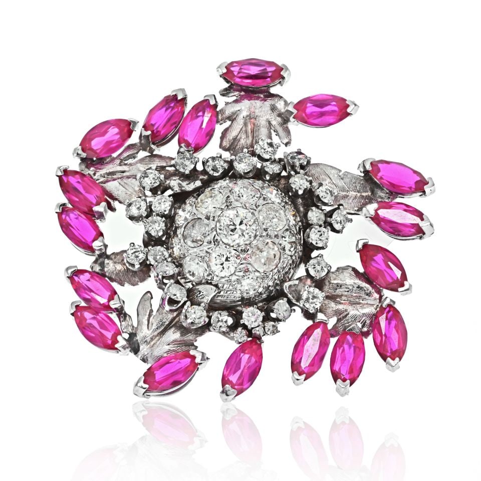 Elegant 14K Palladium Diamond Ruby Brooch 4CT Round Cuts: Elegant 14K Palladium Diamond Ruby Brooch 4CT Round Cuts This exquisite 14K Palladium brooch features a stunning design adorned with approximately 4.00 carats of round-cut diamonds and possibly synthe