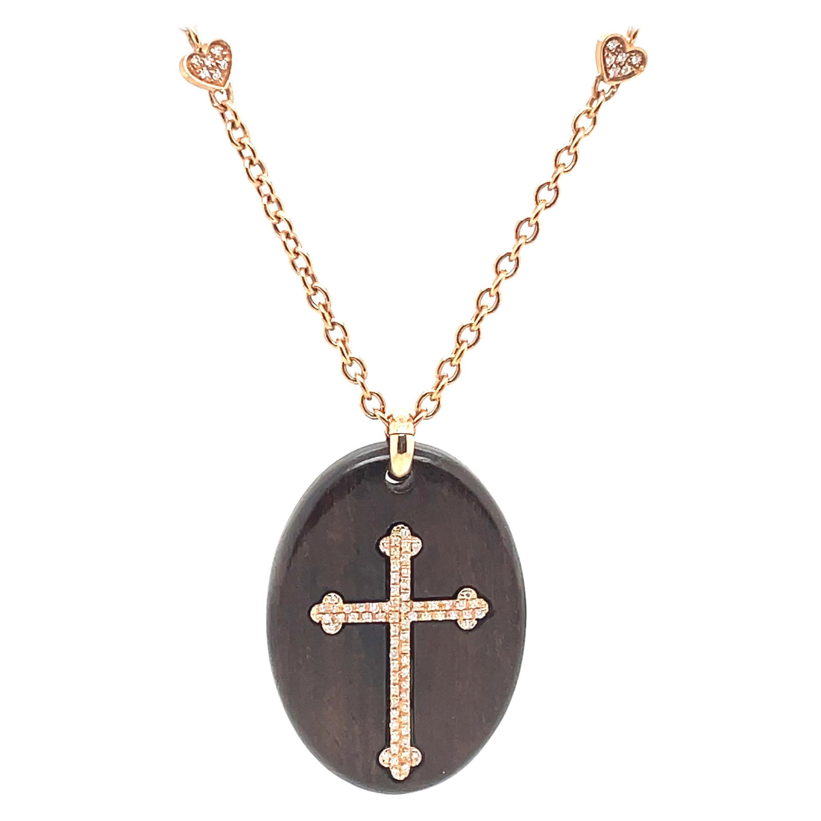 18k Rose Gold Diamond Mahogany Cross Pendant Necklace 0.37 ct: 18k Rose Gold Diamond Mahogany Cross Pendant Necklace 0.37 ct This exquisite pendant necklace features a stunning diamond and mahogany cross, beautifully crafted in 18k rose gold. The pendant showcase
