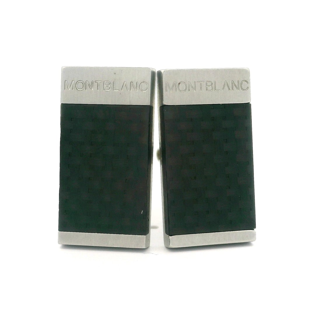 MontBlanc Modern Stainless Steel Carbon Fiber Cufflinks: MontBlanc Modern Stainless Steel Carbon Fiber Cufflinks Elevate your style with these exquisite MontBlanc cufflinks, crafted from durable stainless steel and featuring sleek black carbon fiber inlays.
