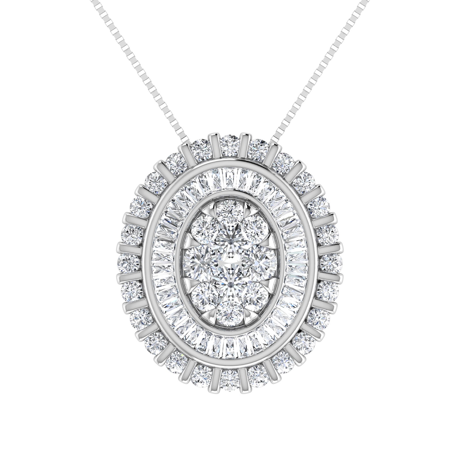 14K White Gold 3/4.Tw. Round and Tapper Diamond Invisible Oval Shape Pendant Pendant: 14K White Gold 3/4.Tw. Round and Tapper Diamond Invisible Oval Shape Pendant Pendant 14k White Gold Stone Color: G-h Stone Clarity: I1 Unless otherwise specified, pendants that include a chain are pai