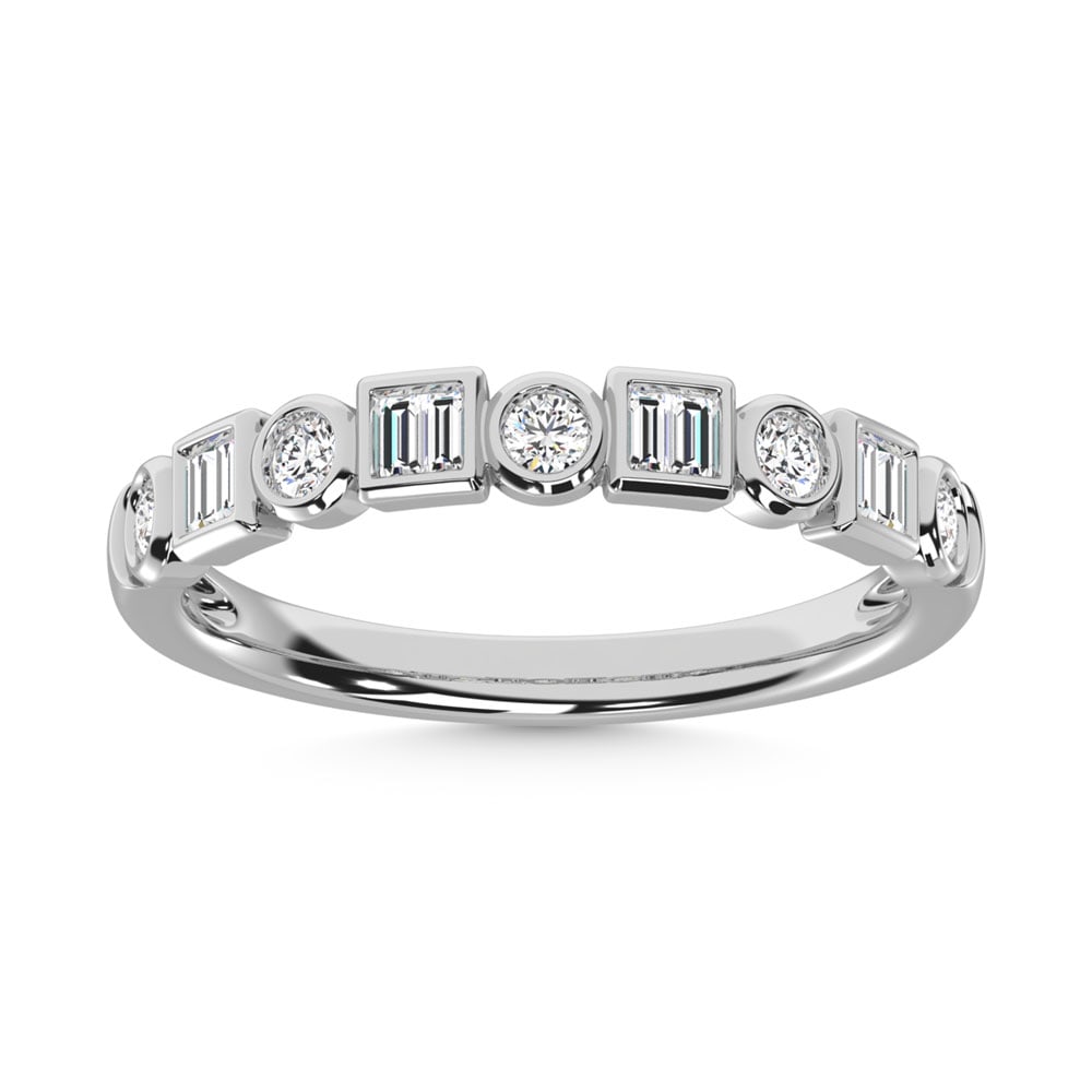14K White Gold Diamond 1/4 Ct.Tw. Stack Band: 14K White Gold Diamond 1/4 Ct.Tw. Stack Band 14k White Gold Stone Color: G-h Stone Clarity: Si Each ring is presented in standard size 6.5. Complimentary resizing is available between sizes 510 (in 1/