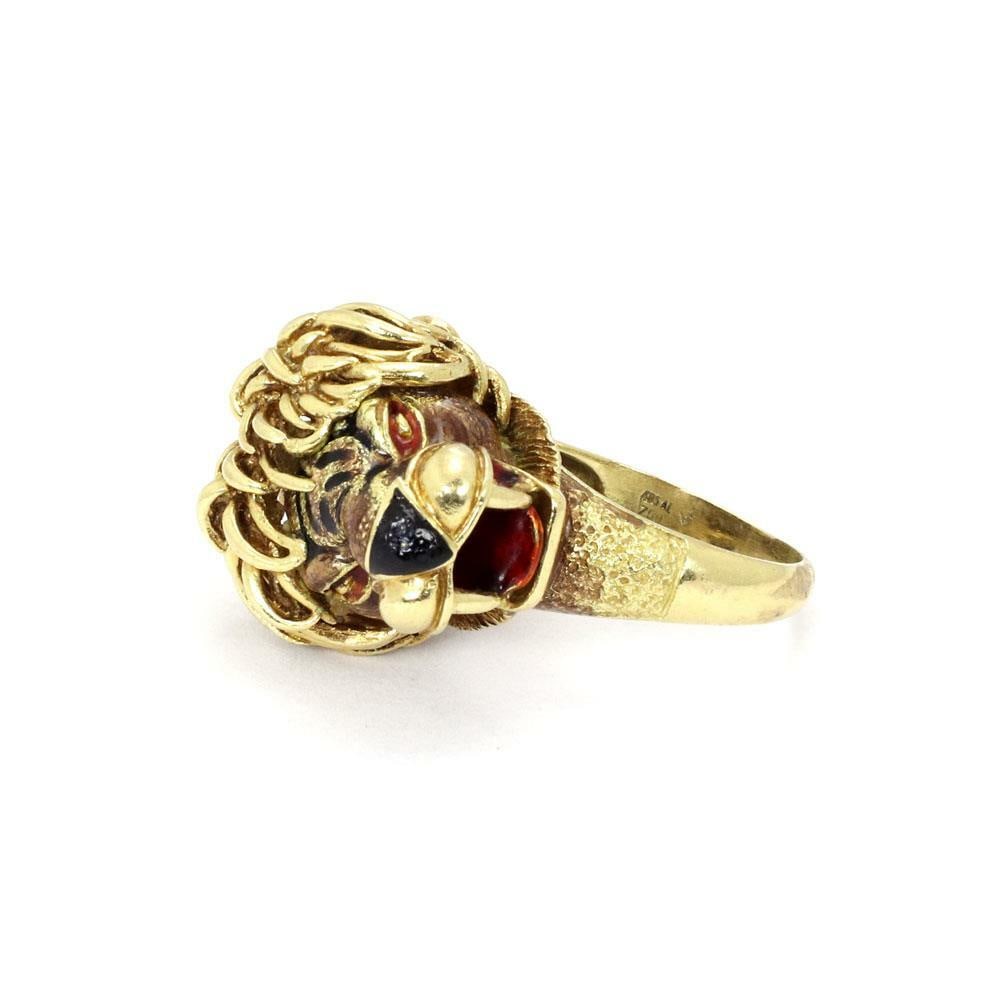 18k Yellow Gold 3D Lion Head Ring With Enamel Details Size 8.5: 18k Yellow Gold 3D Lion Head Ring With Enamel Details Size 8.5 This impressive ring showcases a 3D lion head crafted from 18k yellow gold, featuring a red enamel tongue and eyes, and a black enamel no
