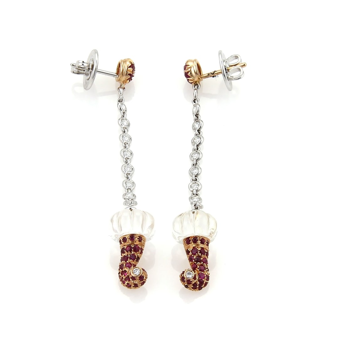 18k Gold Dangle Earrings with Rubies Diamonds and Quartz by Chantecler: 18k Gold Dangle Earrings with Rubies Diamonds and Quartz by Chantecler These Chantecler dangle earrings are crafted from 18k white and rose gold, featuring rubies, diamonds, and rock crystal quartz. T