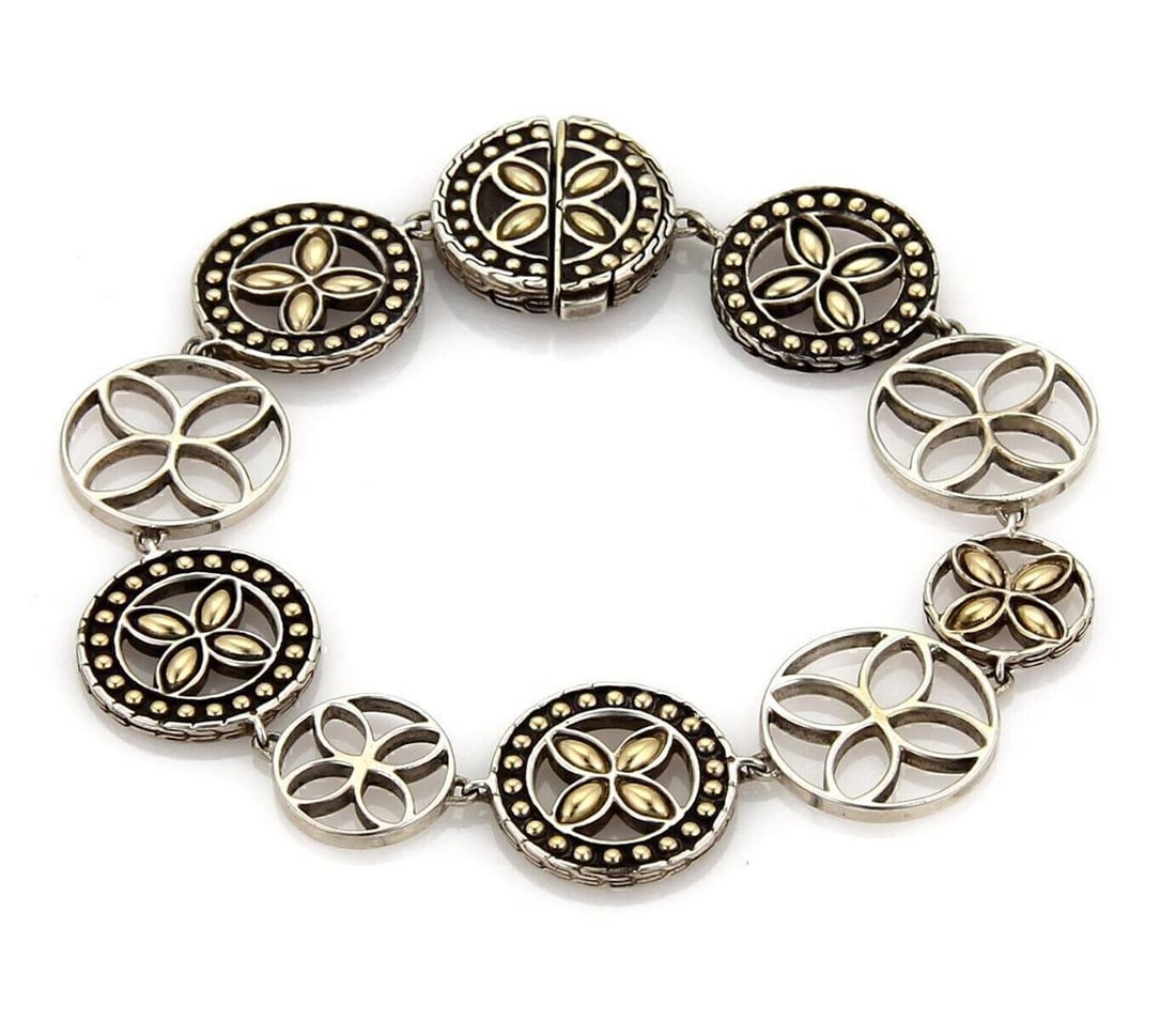 Kawung Collection Bracelet in 18k Gold and Sterling Silver Floral Links by John Hardy: Kawung Collection Bracelet in 18k Gold and Sterling Silver Floral Links by John Hardy This John Hardy Kawung bracelet is crafted from sterling silver and 18k yellow gold, featuring a distinctive flora