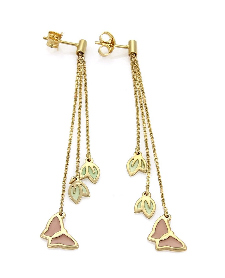 Triple Chain Dangle Earrings 14k Yellow Gold With Enamel Butterfly and Leaf Motif: Triple Chain Dangle Earrings 14k Yellow Gold With Enamel Butterfly and Leaf Motif These vintage dangle earrings feature an intricate butterfly and leaf motif crafted in enamel and 14k yellow gold. The