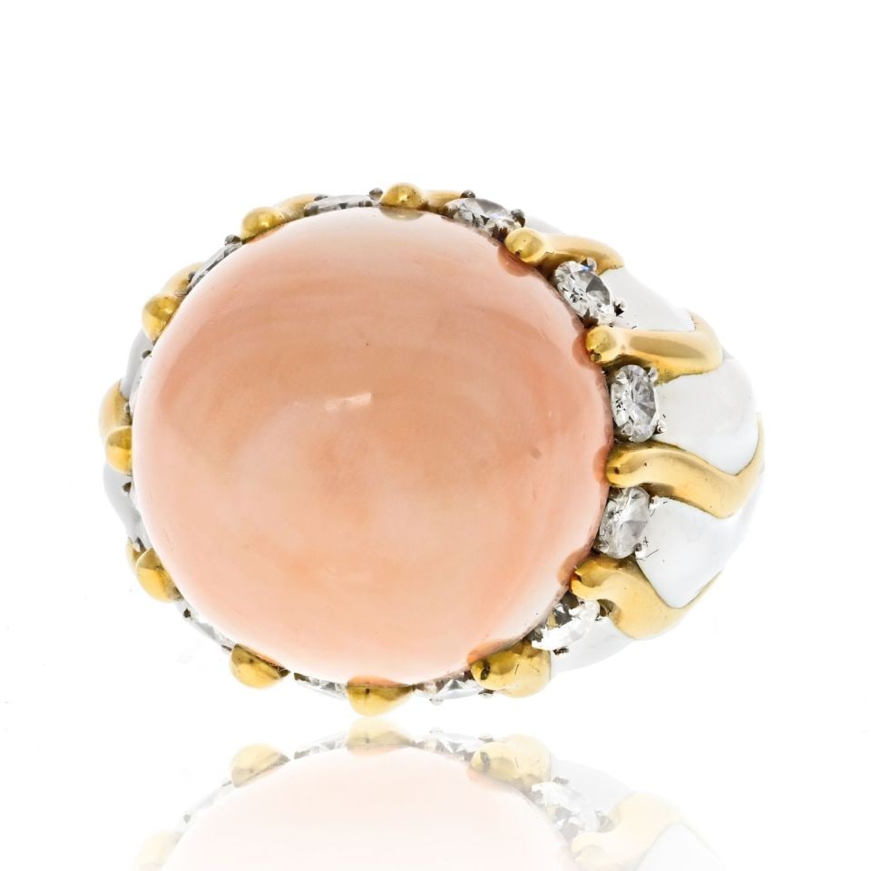 David Webb 18K Yellow Gold Coral Diamond Dome Ring Vintage: David Webb 18K Yellow Gold Coral Diamond Dome Ring Vintage This exquisite vintage David Webb ring showcases a stunning blend of materials and craftsmanship. Crafted in 18K yellow gold, the ring featur