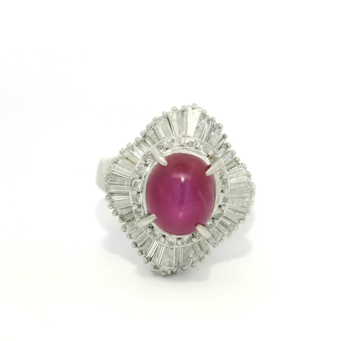 Vintage Platinum Cocktail Ring AGL Certified 4.84ctw Burma Star Ruby and Diamond: Vintage Platinum Cocktail Ring AGL Certified 4.84ctw Burma Star Ruby and Diamond This exquisite vintage cocktail ring features a stunning natural star ruby, showcasing its prominent star effect. The r