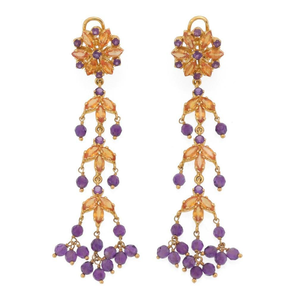 22k Gold Floral Dangle Earrings with Citrine and Amethyst: 22k Gold Floral Dangle Earrings with Citrine and Amethyst Elevate your style with these stunning long drop dangle earrings, expertly crafted from 22k yellow gold. The earrings feature a large floral d