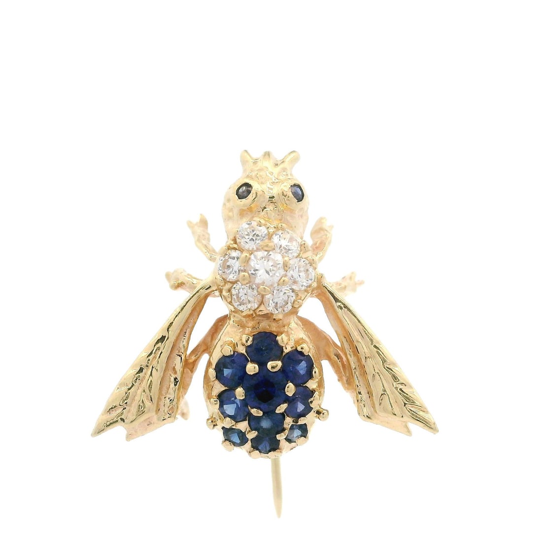 14k Gold Bumble Bee Brooch with Sapphire and Cubic Zirconia: 14k Gold Bumble Bee Brooch with Sapphire and Cubic Zirconia This exquisite petite bumble bee fly pin brooch is crafted from solid 14k yellow gold, featuring a stunning arrangement of synthetic sapphir