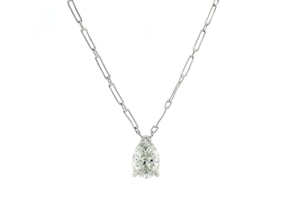 Platinum 1.24ct GIA Certified Pear Diamond Teardrop Pendant Necklace: Platinum 1.24ct GIA Certified Pear Diamond Teardrop Pendant Necklace This exquisite teardrop solitaire pendant features a stunning 1.24-carat natural pear-shaped diamond, certified by GIA, showcasing