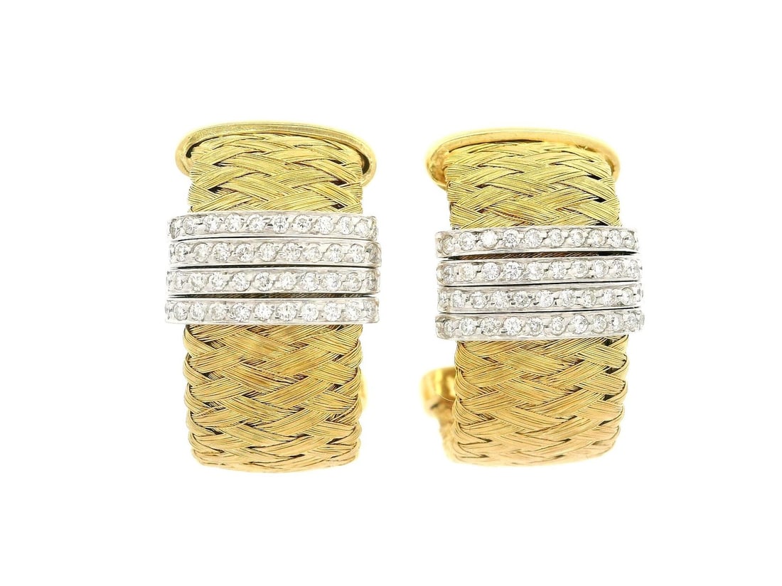 Roberto Coin 18k Gold .44ct Diamond Wide Drop Cuff Earrings: Roberto Coin 18k Gold .44ct Diamond Wide Drop Cuff Earrings Elevate your elegance with these stunning Roberto Coin 18k Gold Wide Drop Cuff Earrings. Featuring a unique basket weave design, these earri