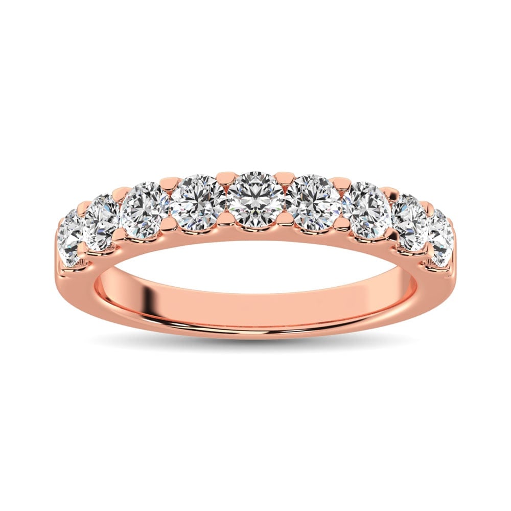 14K Rose Gold Diamond 1 Ct.Tw. 9 Stone Anniversary Band: 14K Rose Gold Diamond 1 Ct.Tw. 9 Stone Anniversary Band This eye-catching Anniversary Band is available in 14K Rose Gold. There are 9 round diamonds with a total carat weight of 1 Ct.Tw. set in a Pron