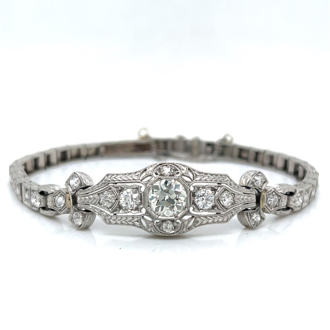 Platinum Art Deco Diamond Bracelet With 3.30 Carats European Cut Stones: Platinum Art Deco Diamond Bracelet With 3.30 Carats European Cut Stones This Art Deco bracelet is crafted in platinum and features a total diamond weight of approximately 3.30 carats. The centerpiece