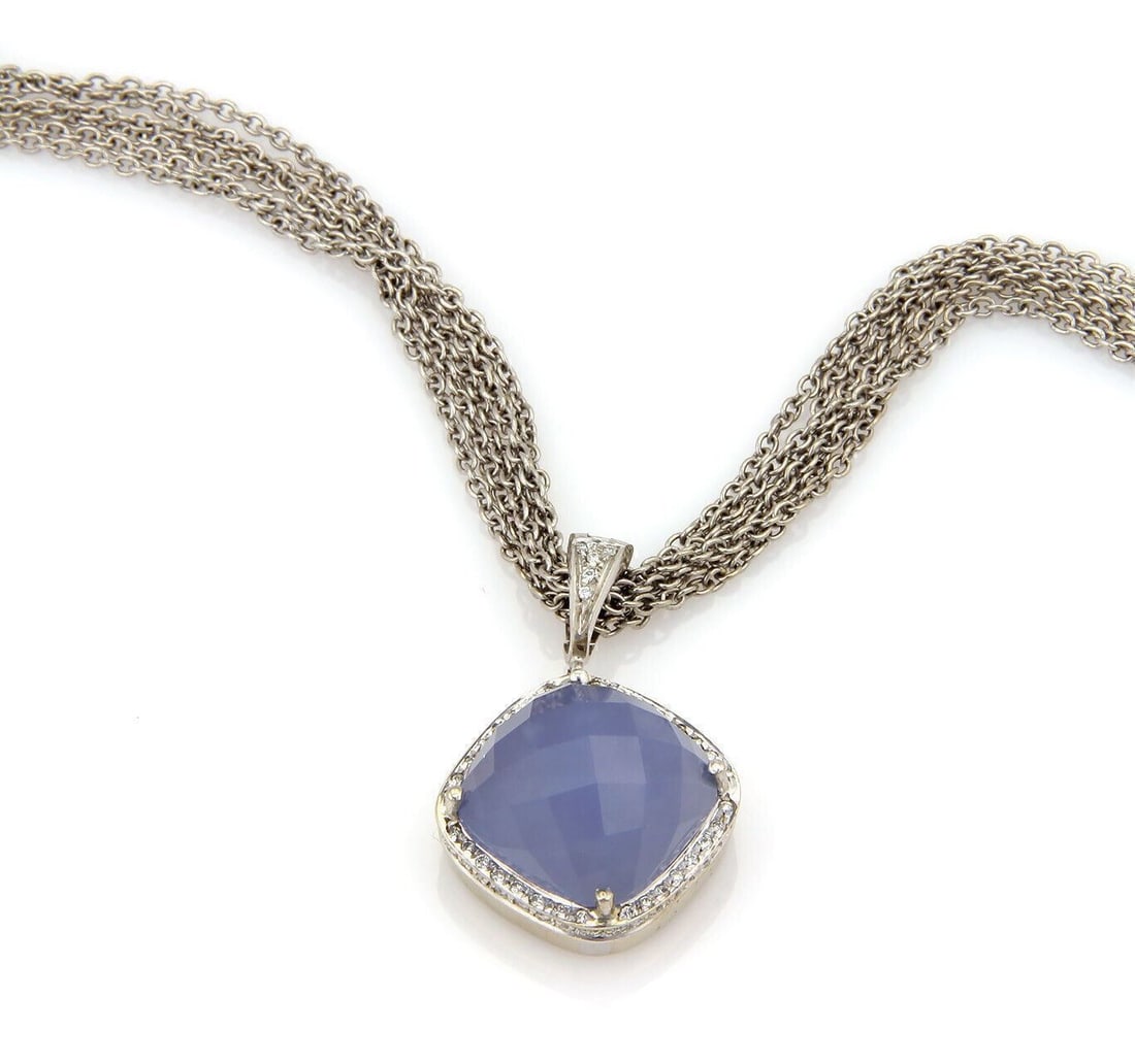 Blue Chalcedony and Diamond Pendant Necklace in 18k White Gold by Rina Limor: Blue Chalcedony and Diamond Pendant Necklace in 18k White Gold by Rina Limor This Rina Limor necklace is crafted from 18k white gold with a polished finish. The design features a modern square pendant