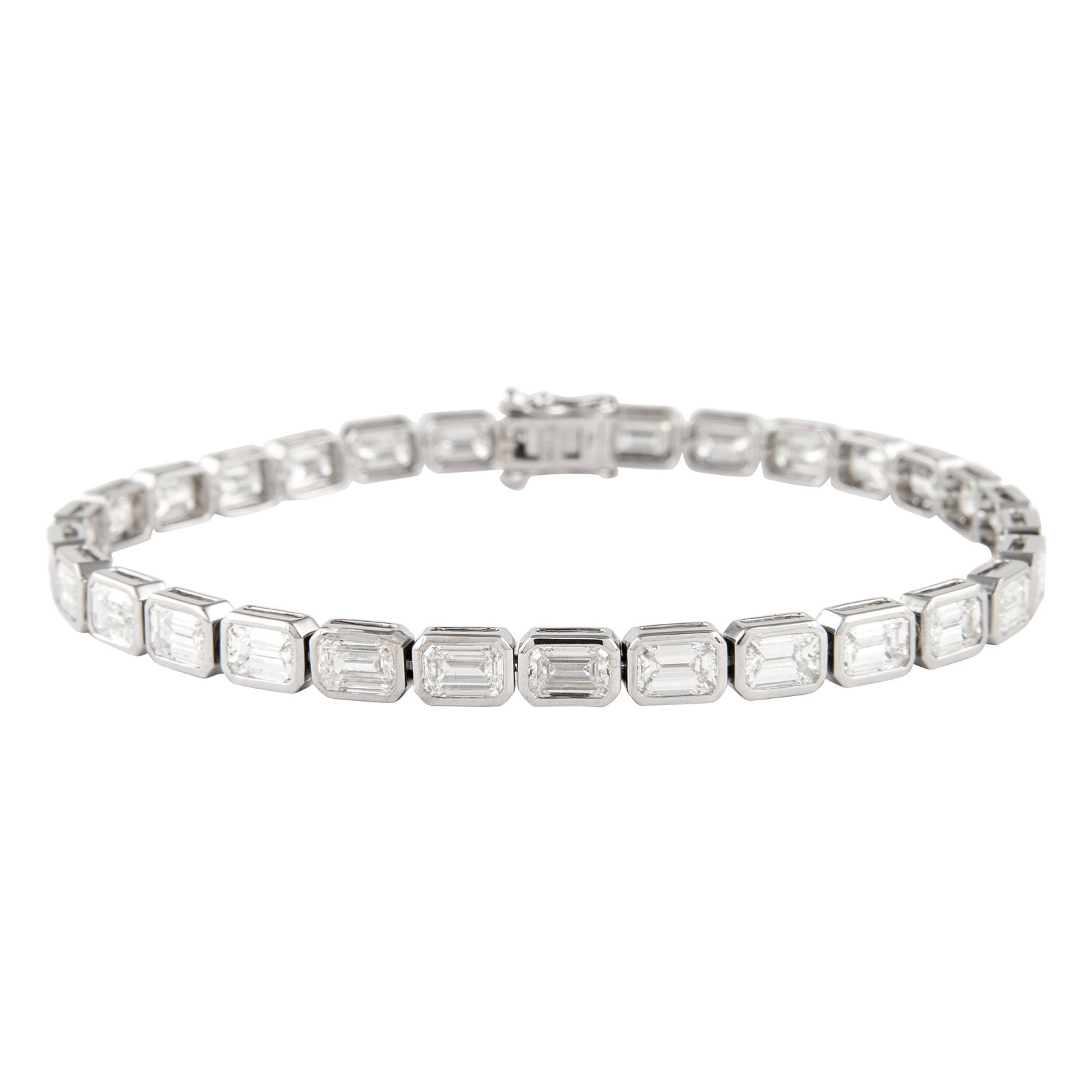 10.08ct Emerald Cut Diamond Bracelet 18k White Gold: 10.08ct Emerald Cut Diamond Bracelet 18k White Gold This exquisite 10.08ct Emerald Cut Diamond East-West Bracelet is a stunning example of contemporary high jewelry. Designed in 18k white gold, this b