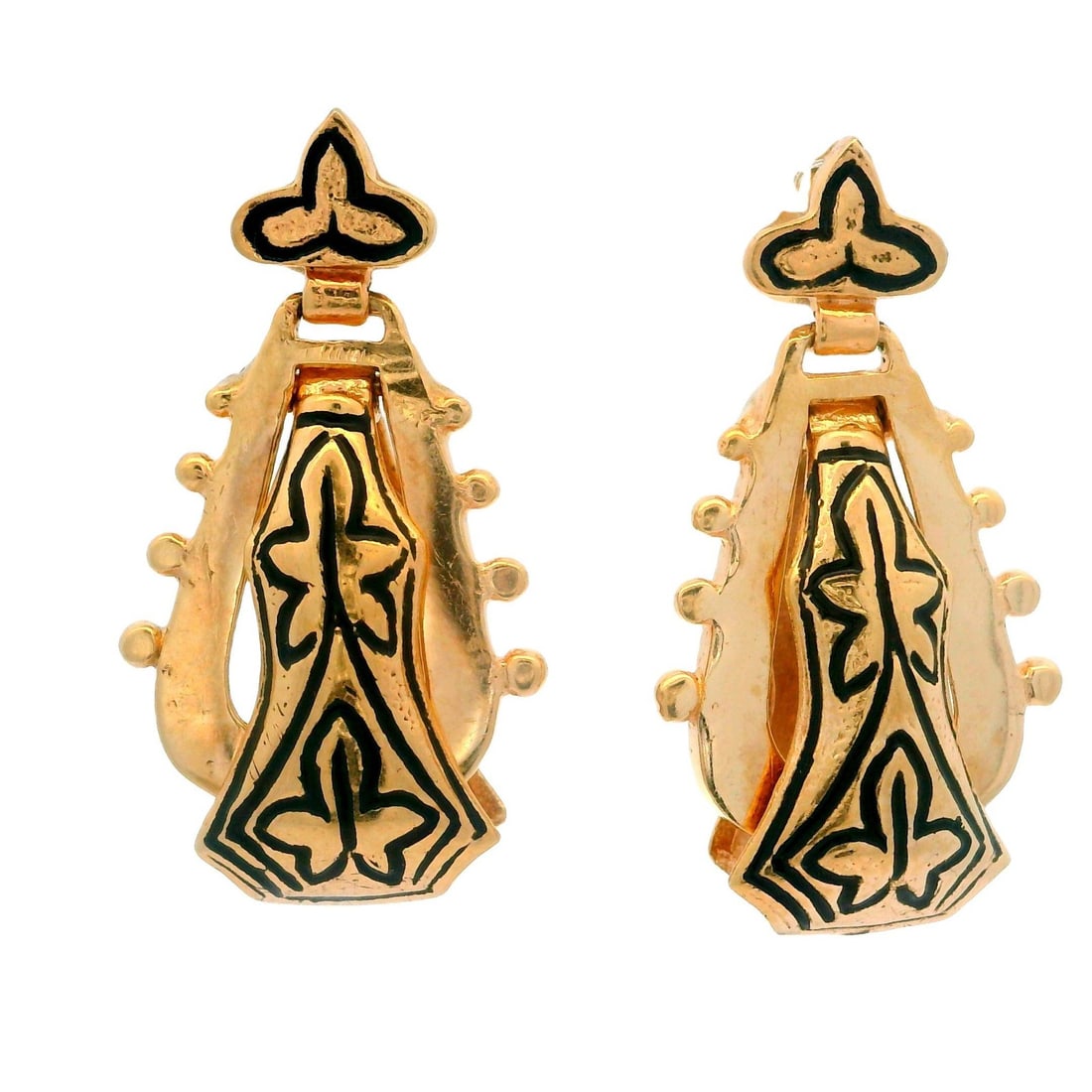 Vintage Victorian Revival 14k Rosy Yellow Gold Black Enamel Drop Earrings: Vintage Victorian Revival 14k Rosy Yellow Gold Black Enamel Drop Earrings These exquisite Vintage Victorian Revival dangle/drop earrings are crafted from 14k rosy yellow gold, featuring elegant black