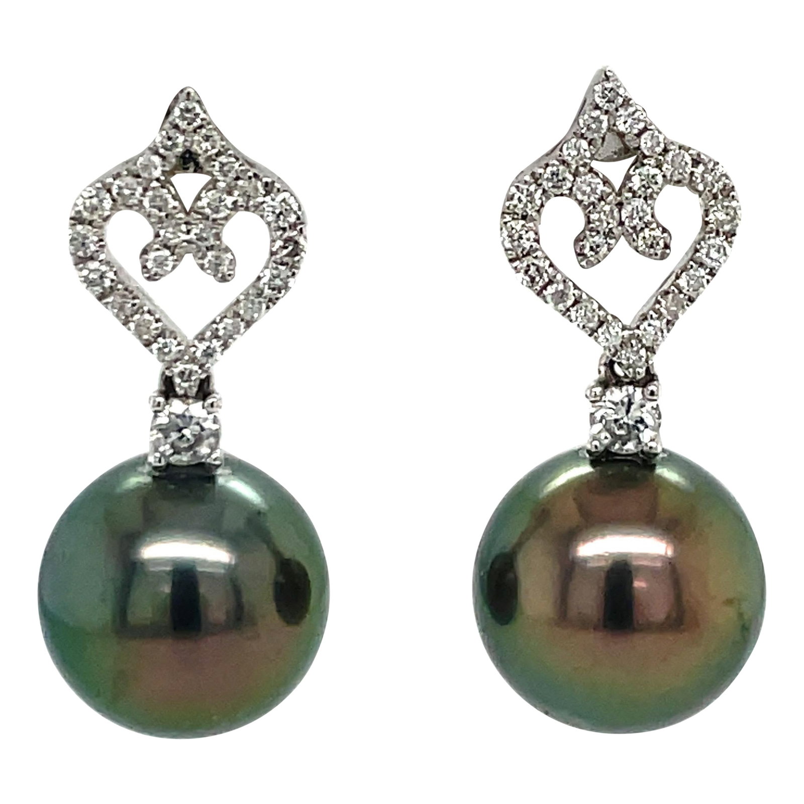Harbor Diamonds 18K White Gold Heart Drop Earrings with Tahitian Pearls and Diamonds: Harbor Diamonds 18K White Gold Heart Drop Earrings with Tahitian Pearls and Diamonds These stunning 18 Karat White Gold Heart Drop Earrings are a perfect blend of elegance and contemporary style. Craf