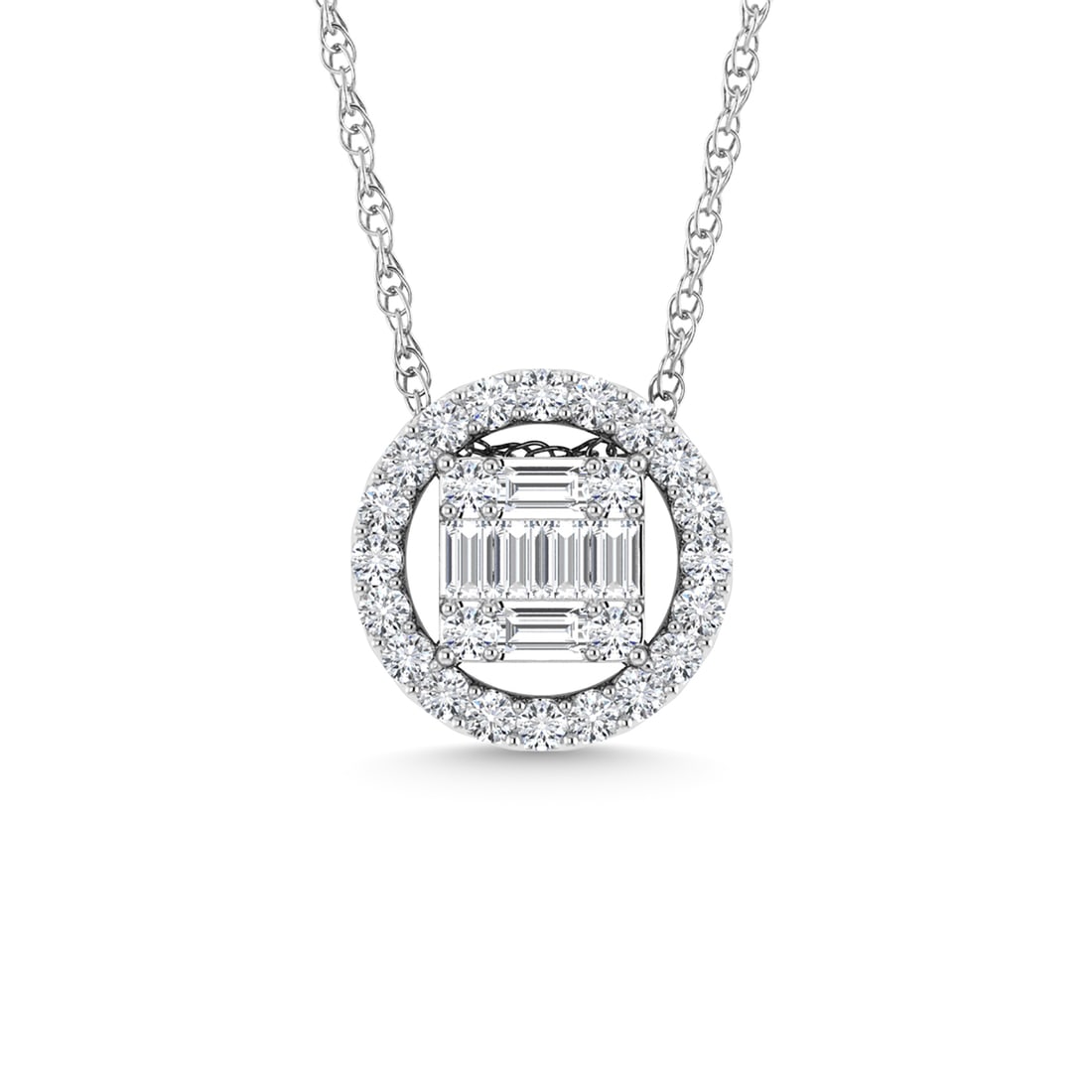 Diamond 1/3 Ct.Tw. Round Fashion Pendant in 14K White Gold: Diamond 1/3 Ct.Tw. Round Fashion Pendant in 14K White Gold 14k White Gold Stone Color: G-h Stone Clarity: Si2 Unless otherwise specified, pendants that include a chain are paired with our standard 18-