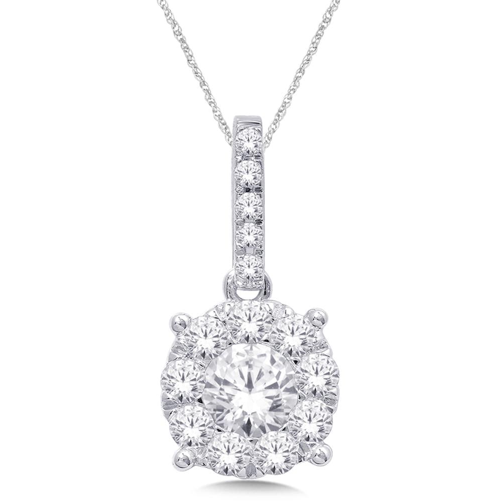 14K White Gold 9/10 Ct.Tw. Diamond Fashion Pendant: 14K White Gold 9/10 Ct.Tw. Diamond Fashion Pendant This glamorous pendant is available in 14K White Gold. There are 15 round diamonds with a total carat weight of 9/10 Ct.Tw. set in a micro prong sett