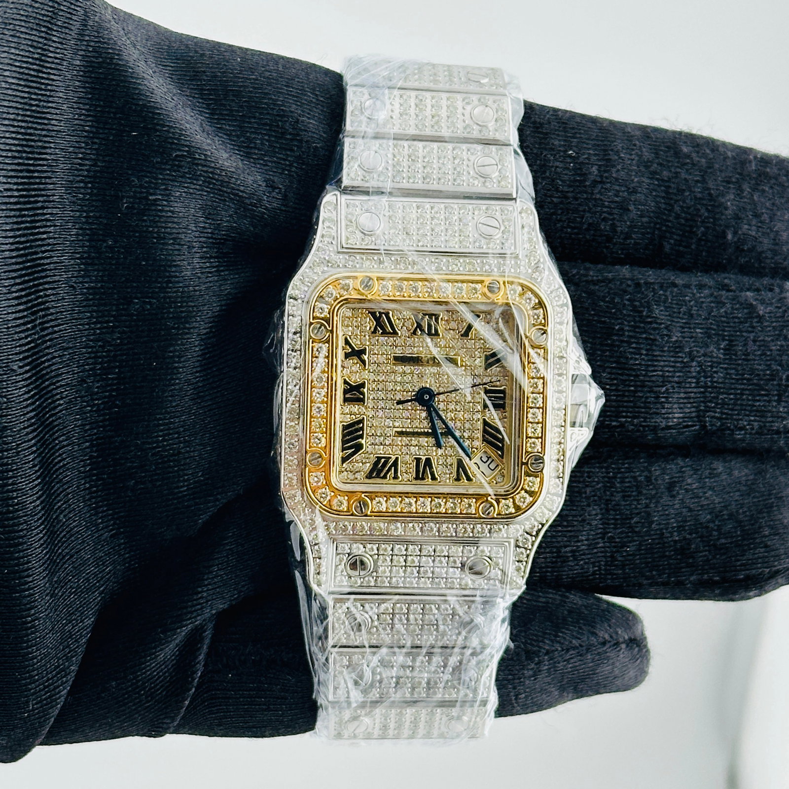 Cartier Santos Galbee XL Ref 2823 Ladies Watch With Aftermarket Diamond Dial: Cartier Santos Galbee XL Ref 2823 Ladies Watch With Aftermarket Diamond Dial This Cartier Santos Galbee XL watch features an aftermarket diamond Roman numeral dial and a diamond-set bracelet. The beze