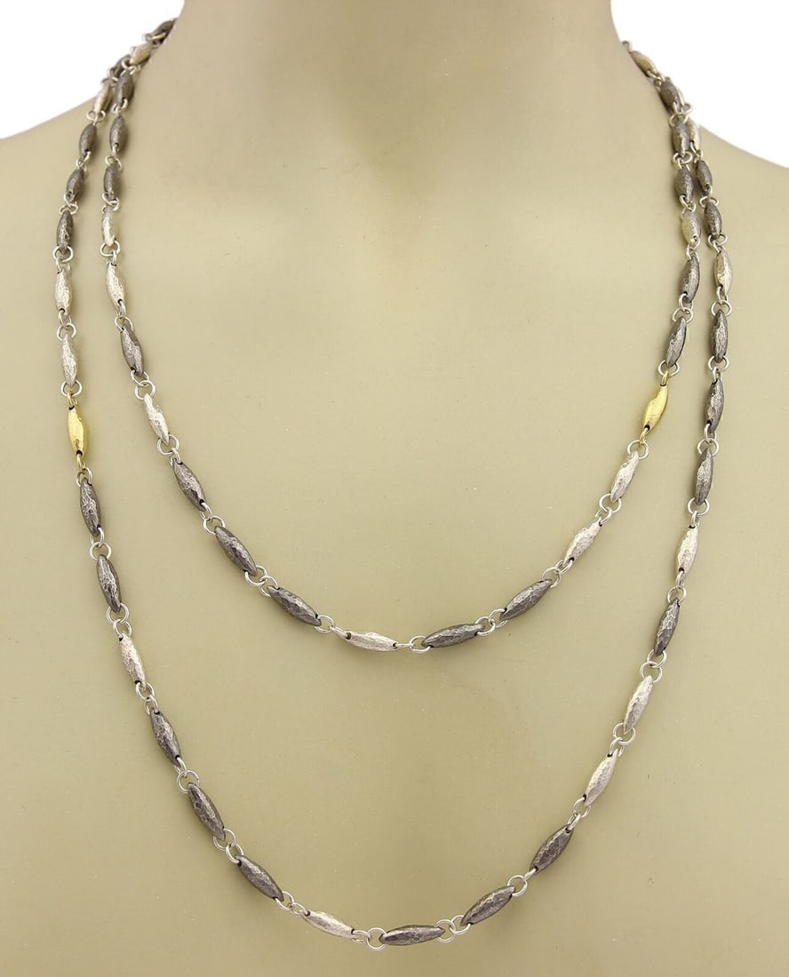 50 Inch Lentil Link Necklace in Hammered Sterling Silver and 24k Gold by Gurhan ORB (1 of 5)