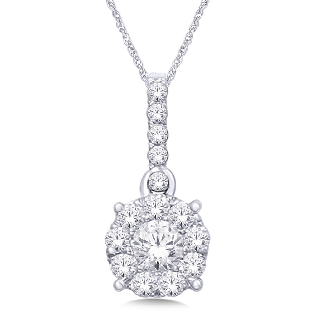 14K White Gold 3/4 Ct.Tw. Diamond Fashion Pendant: 14K White Gold 3/4 Ct.Tw. Diamond Fashion Pendant This eye-catching pendant is available in 14K White Gold. There are 15 round diamonds with a total carat weight of 3/4 Ct.Tw. set in a invisible setti