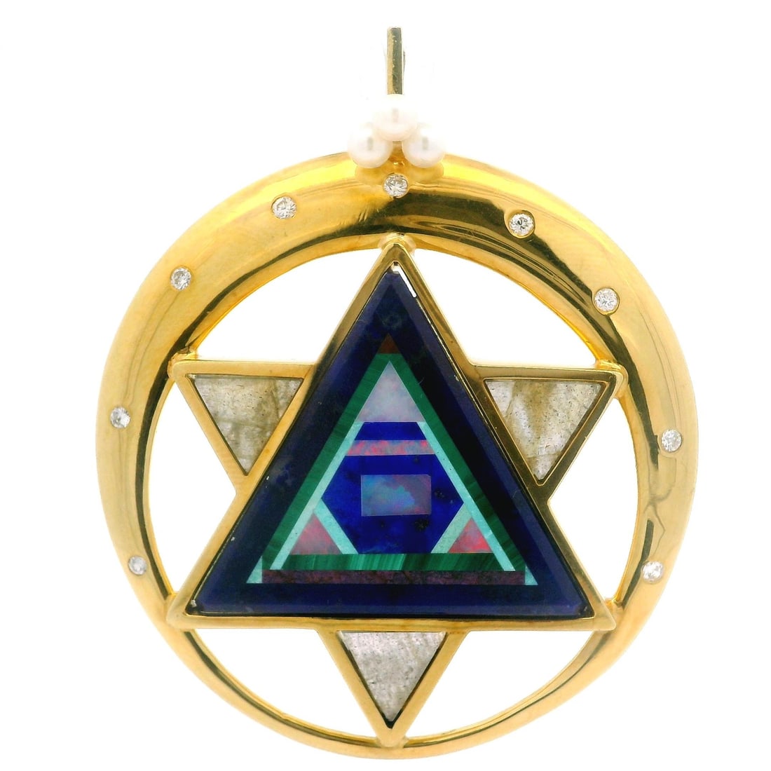 18K Gold Star of David Pendant with Diamond and Pearl Inlay: 18K Gold Star of David Pendant with Diamond and Pearl Inlay This stunning large circle Star of David pendant features a unique blend of natural gemstones and exquisite diamonds. Crafted from solid 18k