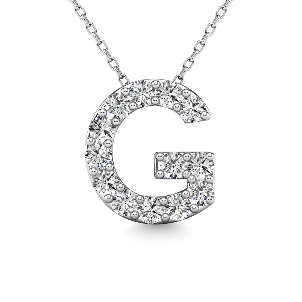 Diamond 1/8 Ct.Tw. Letter G Pendant in 14K White Gold: Diamond 1/8 Ct.Tw. Letter G Pendant in 14K White Gold 14k White Gold Stone Color: G-h Stone Clarity: I1 Unless otherwise specified, pendants that include a chain are paired with our standard 18-inch l