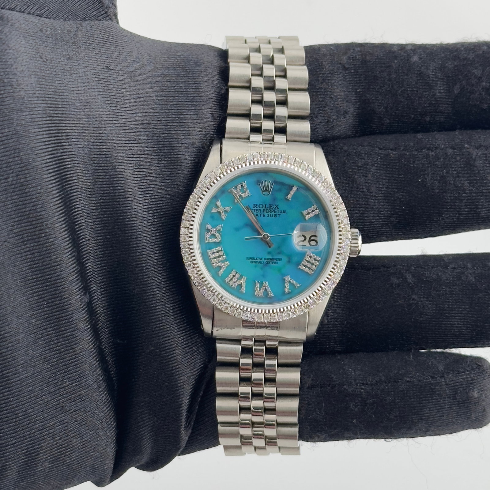 Rolex Datejust 1601 Mens Aftermarket Turquoise Roman Dial Diamond Bezel Jubilee (1 of 3)
