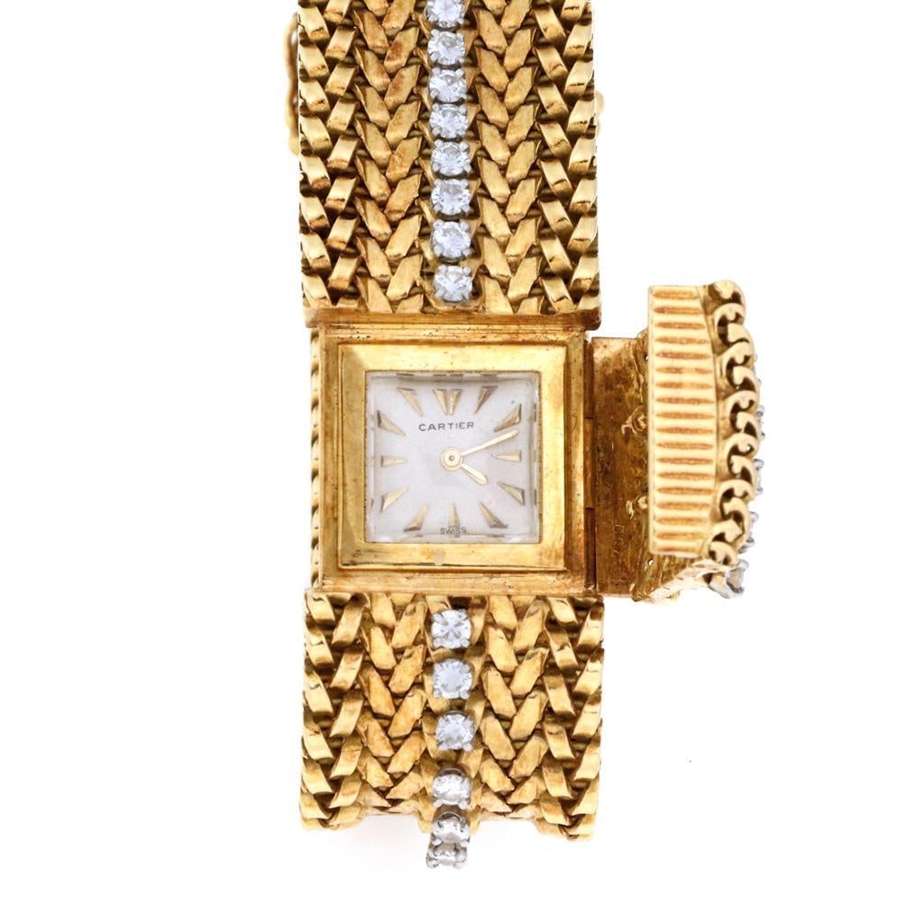 Cartier Vintage Ladies 3.25ct Diamond 18k Gold Flex Cover Watch: Cartier Vintage Ladies 3.25ct Diamond 18k Gold Flex Cover Watch Discover this exquisite vintage ladies cover watch from Cartier, a rare find that exemplifies luxury and elegance. Crafted from 18k yell