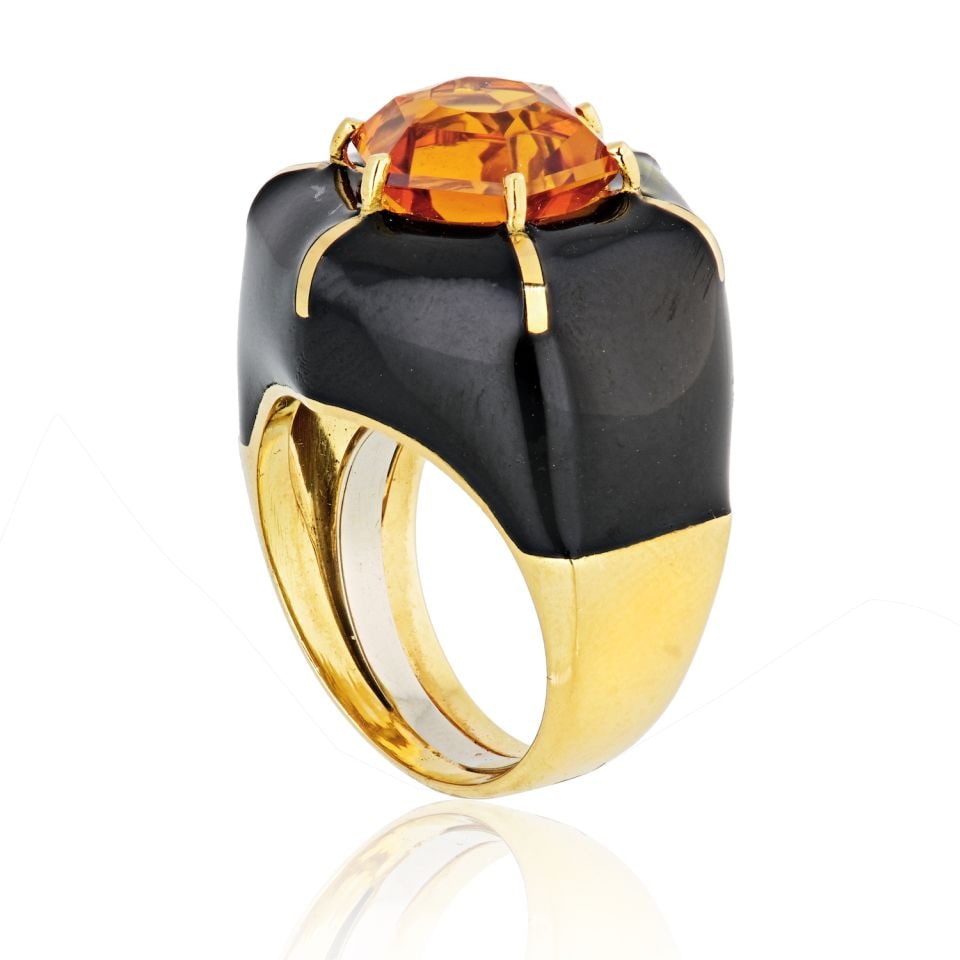 David Webb 18K Yellow Gold Citrine Hexagon Ring: David Webb 18K Yellow Gold Citrine Hexagon Ring This exquisite estate ring by David Webb features a stunning octagon-cut citrine set in luxurious 18K yellow gold. The ring's design is further enhanced