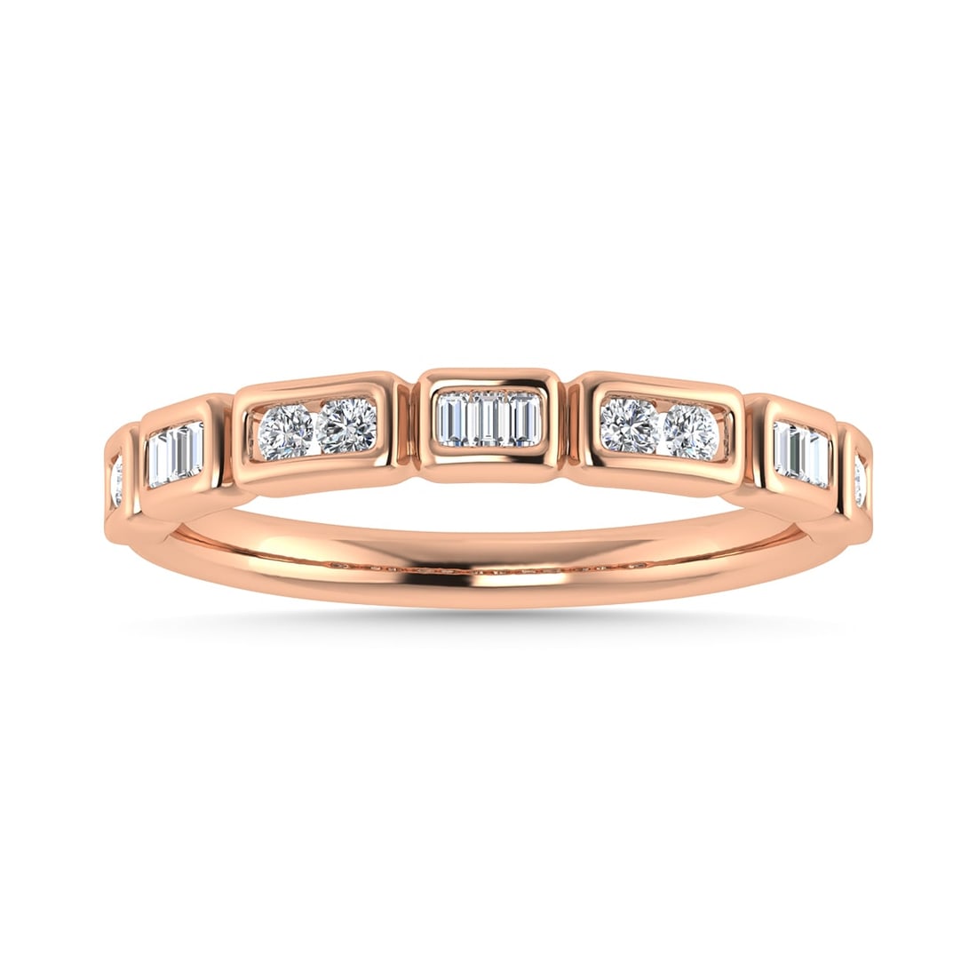 Diamond 1/5 Ct.Tw. Round and Straight Baguette Stack Band in 14K Rose Gold: Diamond 1/5 Ct.Tw. Round and Straight Baguette Stack Band in 14K Rose Gold 14k Rose Gold Stone Color: G-h Stone Clarity: I1 Each ring is presented in standard size 6.5. Complimentary resizing is avail
