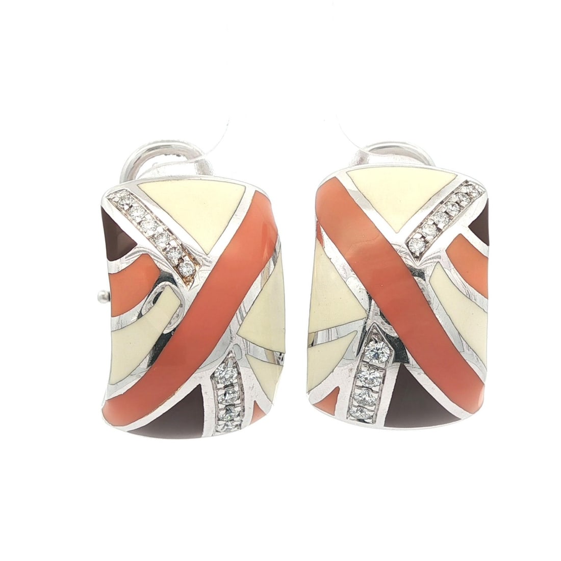 Roberto Coin 18k Gold Diamond Wide Cuff Earrings with Enamel: Roberto Coin 18k Gold Diamond Wide Cuff Earrings with Enamel These exquisite Roberto Coin cuff earrings feature a stunning design crafted from solid 18k white gold, beautifully complemented by intrica