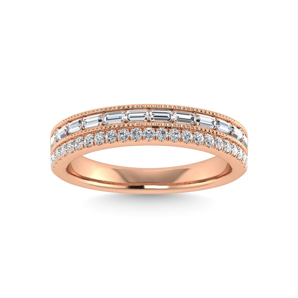14K Rose Gold Diamond 1/3 Ct.Tw. Fashion Bands: 14K Rose Gold Diamond 1/3 Ct.Tw. Fashion Bands 14k Rose Gold Stone Color: G-h Stone Clarity: Si2 Each ring is presented in standard size 6.5. Complimentary resizing is available between sizes 510 (in