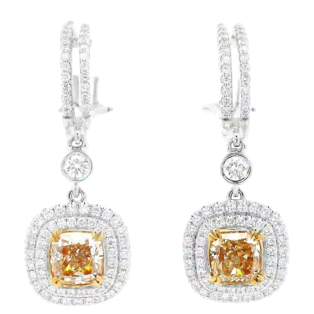 2.88ct EGL Certified Yellow Diamond Dangle Earrings in 18k Gold: 2.88ct EGL Certified Yellow Diamond Dangle Earrings in 18k Gold Experience elegance with these stunning 2.88 ct certified yellow diamond dangle earrings featuring a luxurious double halo design. Craft