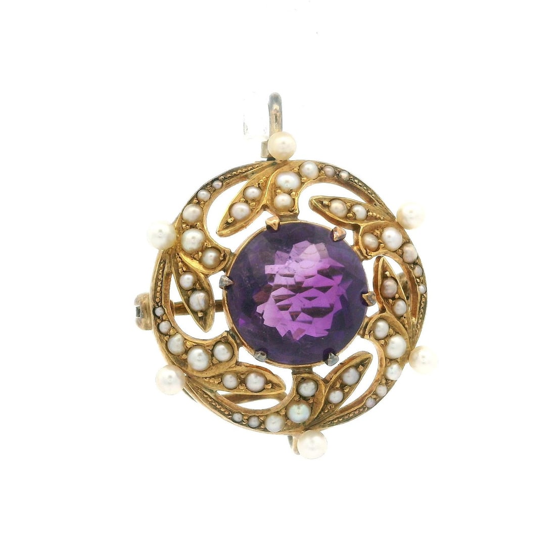 Antique 14k Yellow Gold Amethyst Pearl Brooch Pendant 3.35ct: Antique 14k Yellow Gold Amethyst Pearl Brooch Pendant 3.35ct This exquisite antique pendant features a stunning old round cut natural amethyst, measuring approximately 10.16mm and weighing around 3.35