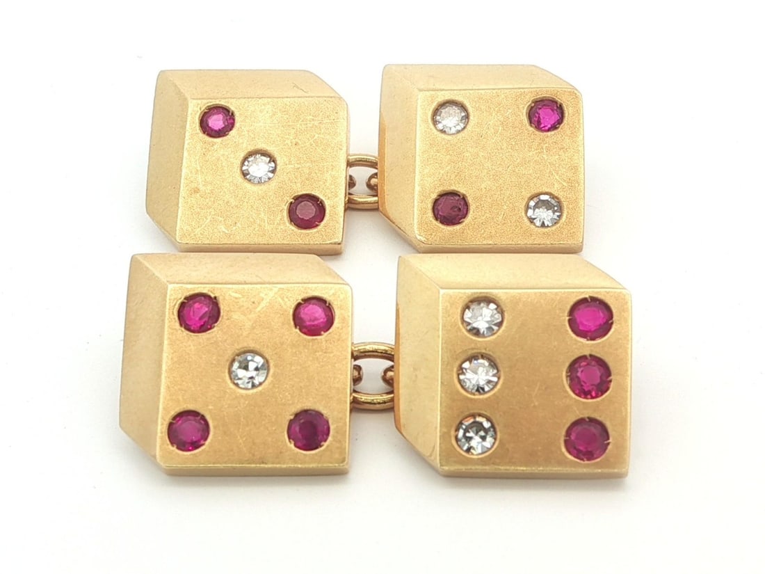 Textured 18k Gold Ruby and Diamond Dice Cufflinks by Merrin (1 of 6)