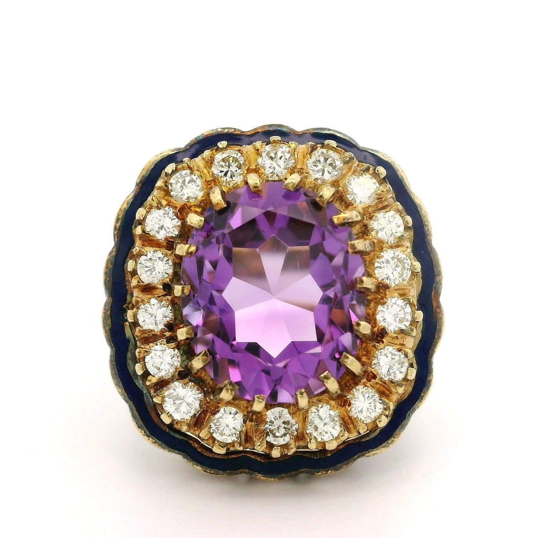 Vintage 14K Yellow Gold Amethyst Diamond Cocktail Ring with Enamel: Vintage 14K Yellow Gold Amethyst Diamond Cocktail Ring with Enamel This exquisite vintage cocktail ring features a stunning oval natural amethyst at its center, measuring approximately 12x10.16mm, sur