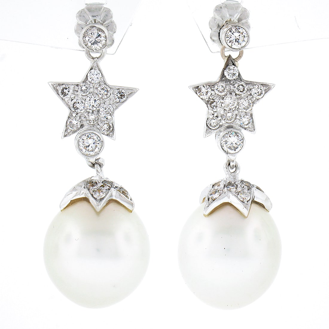 Elegant 18K White Gold Diamond Star Dangle Earrings with South Sea Pearls (1 of 5)