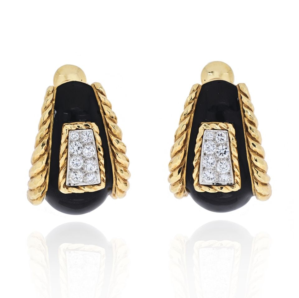 David Webb Platinum 18K Yellow Gold Enamel Diamond Clip-On Earrings (1 of 4)