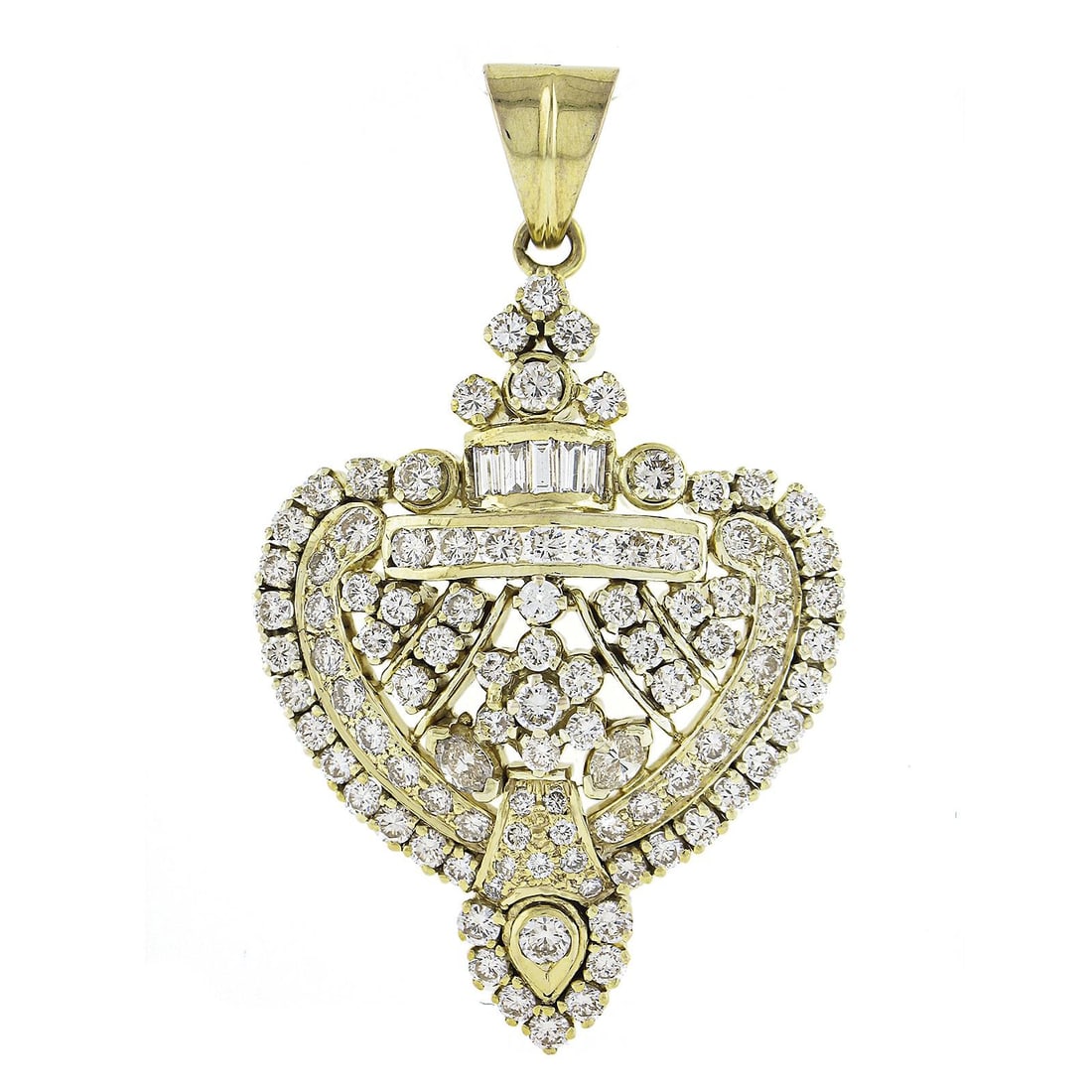 18k Yellow Gold 2.98ctw Diamond Pendant with Round Baguette Marquise Cuts: 18k Yellow Gold 2.98ctw Diamond Pendant with Round Baguette Marquise Cuts This exquisite pendant showcases an elegant design crafted in solid 18k yellow gold, featuring a stunning total carat weight o