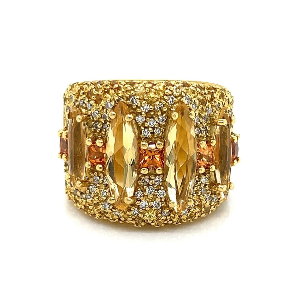 18k Yellow Gold Wide Band Ring with Diamond Sapphire Citrine Size 6 by Guild: 18k Yellow Gold Wide Band Ring with Diamond Sapphire Citrine Size 6 by Guild This wide band ring showcases an elegant blend of diamonds, sapphires, and citrines set in luxurious 18k yellow gold. The r